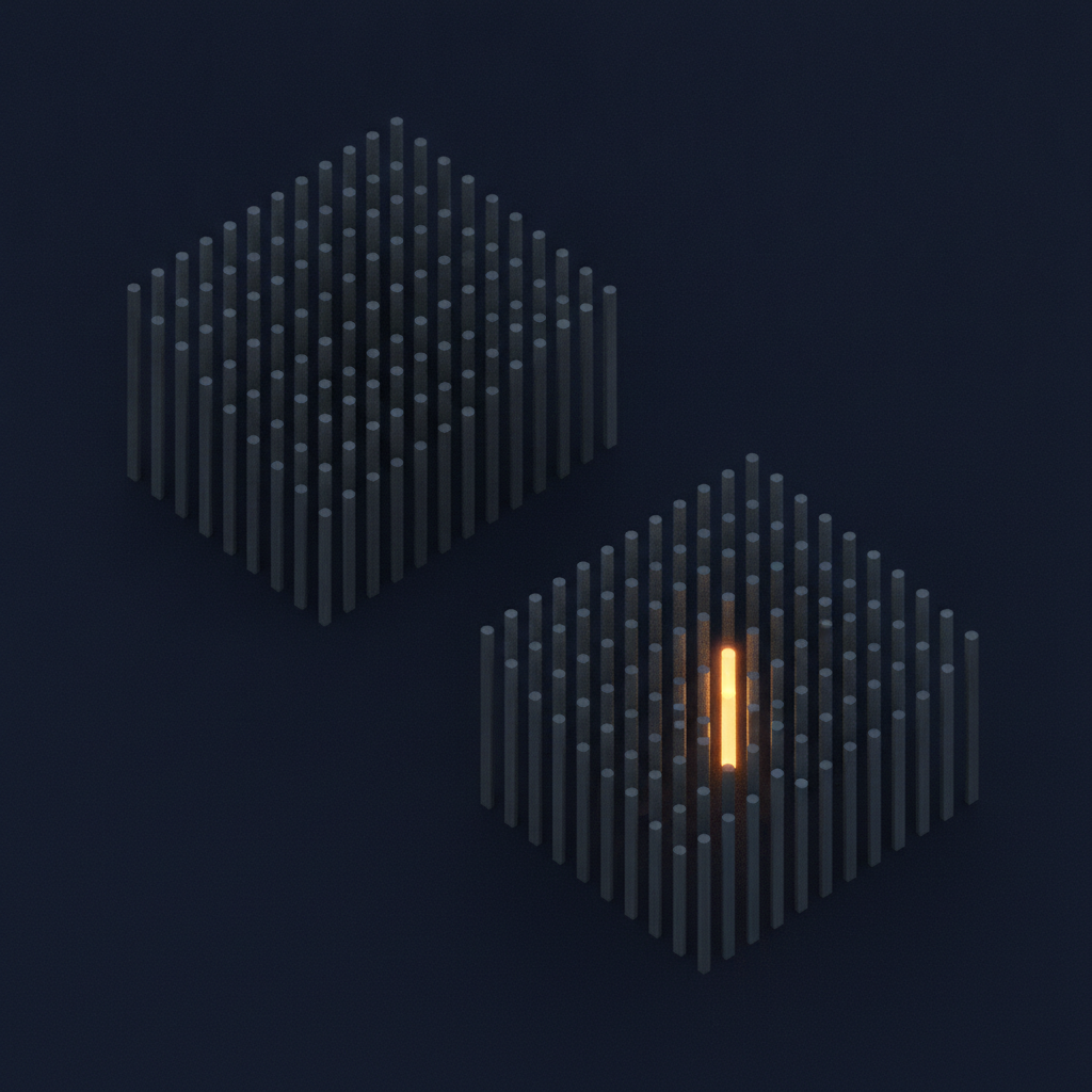 Abstract grid of slate rating bars on a dark background with two offset clusters and a single amber highlight