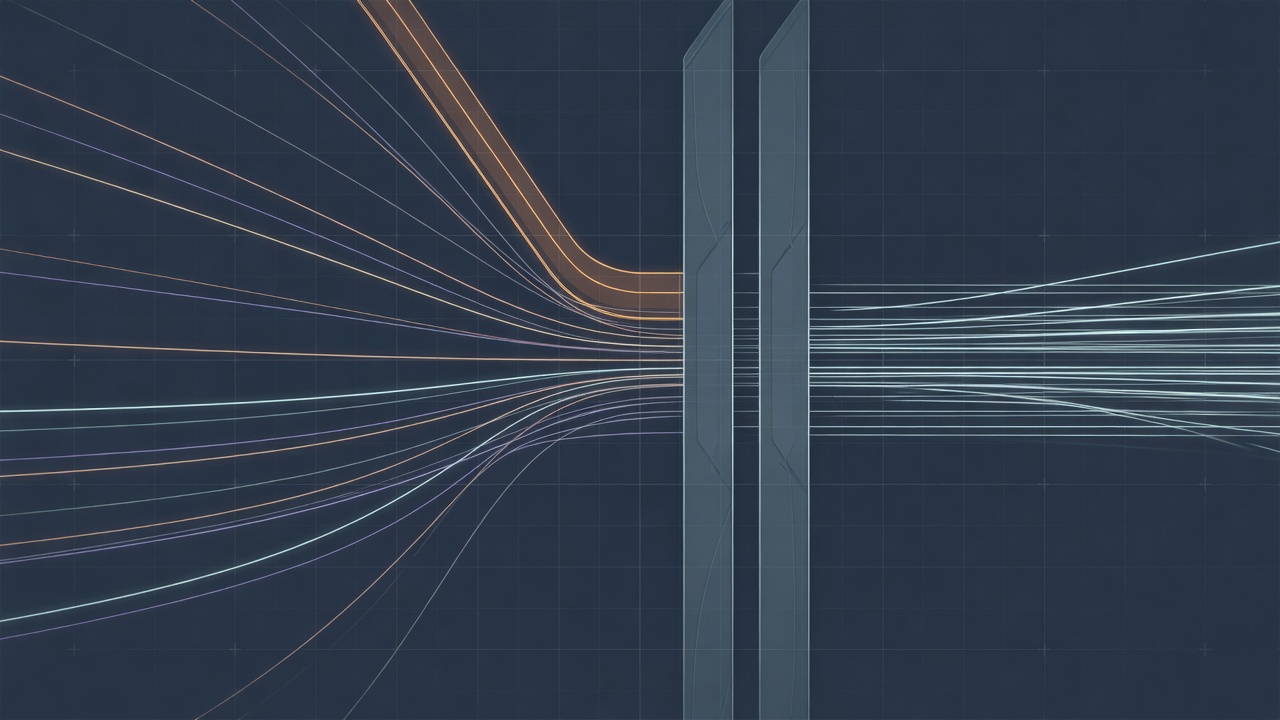 Abstract dark image of many thin trajectory lines passing a gate, a minority diverting into a separate amber channel before the gate closes