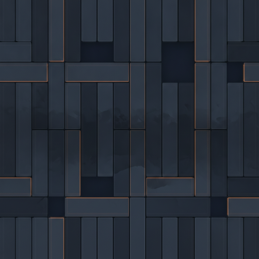 Abstract rows of paired translucent panels on a dark background, a few pairs flipped and edged in amber