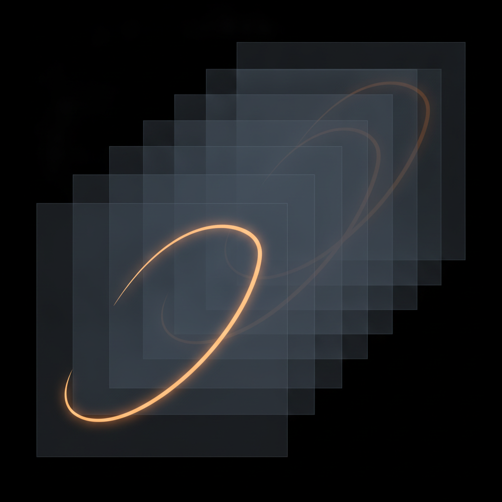 Abstract stack of translucent parallel planes on a dark field, one plane marked with an amber stroke and the mark fading across the planes behind it