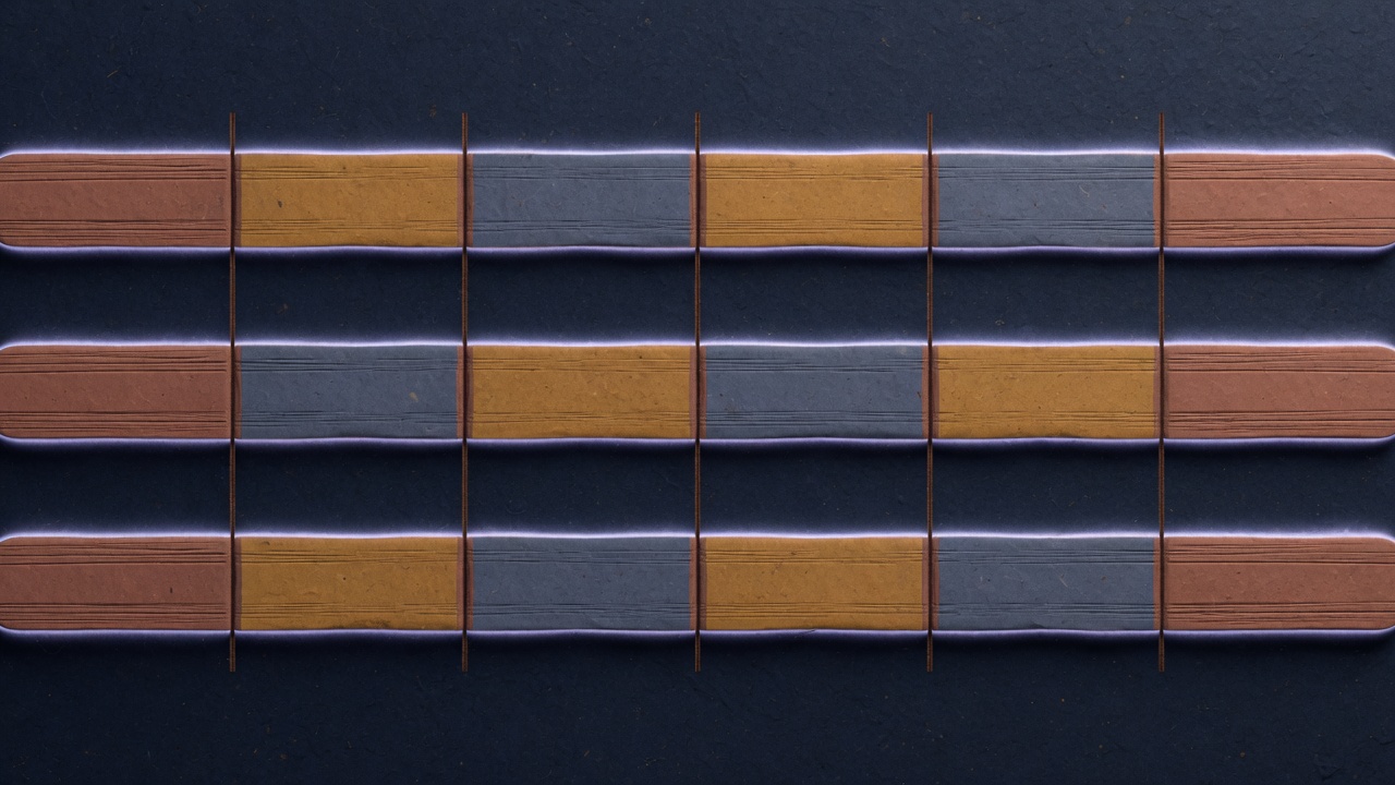 Abstract dark image of three parallel striped bands whose dividing lines align while the colours between them shift by one step