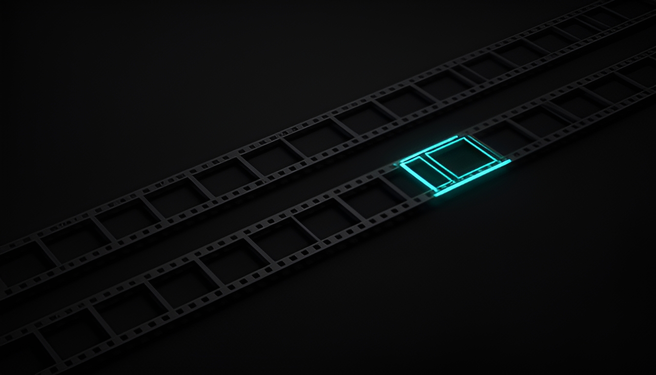 Abstract dark render of two identical film-strip ribbons, one with frames in order and one with a single frame swapped out of sequence, highlighted by a thin bright line marking the one difference between them