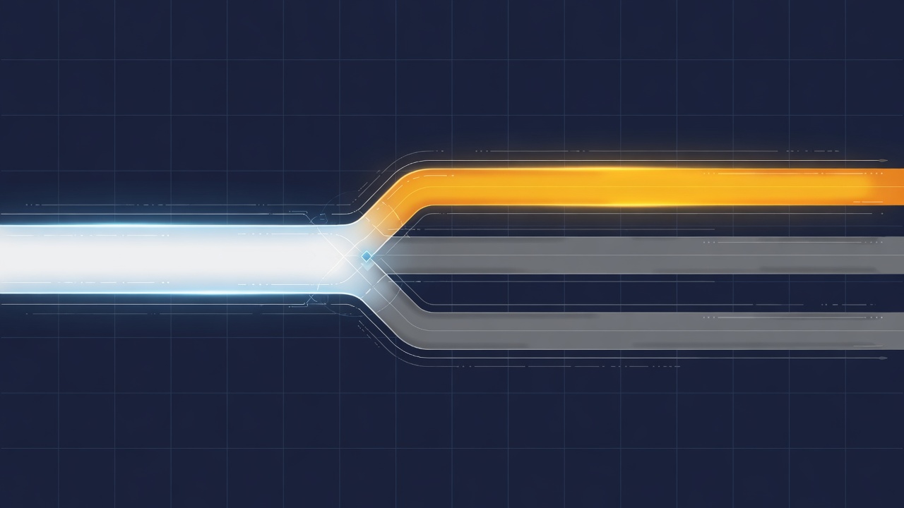 Abstract dark image of a single wide input channel splitting into three narrow output lanes, with one lane highlighted in amber