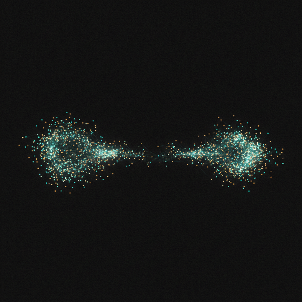Abstract dark field showing a dense cluster of thirty-two small points collapsing along one dominant axis into a much smaller number of bright nodes, with two different collapse widths drawn side by side