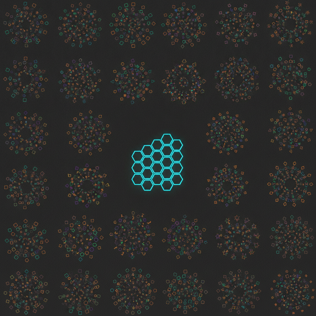 Abstract dark visualisation of clustered vectors grouping by shape rather than by colour, suggesting alignment by surface form