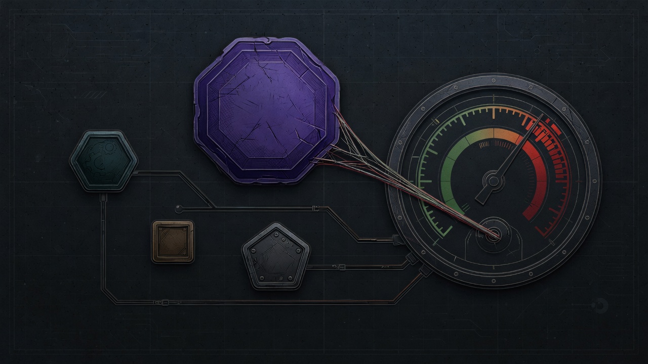 Abstract dark technical illustration of four small geometric tokens of varying size connected to a single budget meter gauge, with one oversized token linked by a thin, strained connector to show a disproportionate cost relative to the others