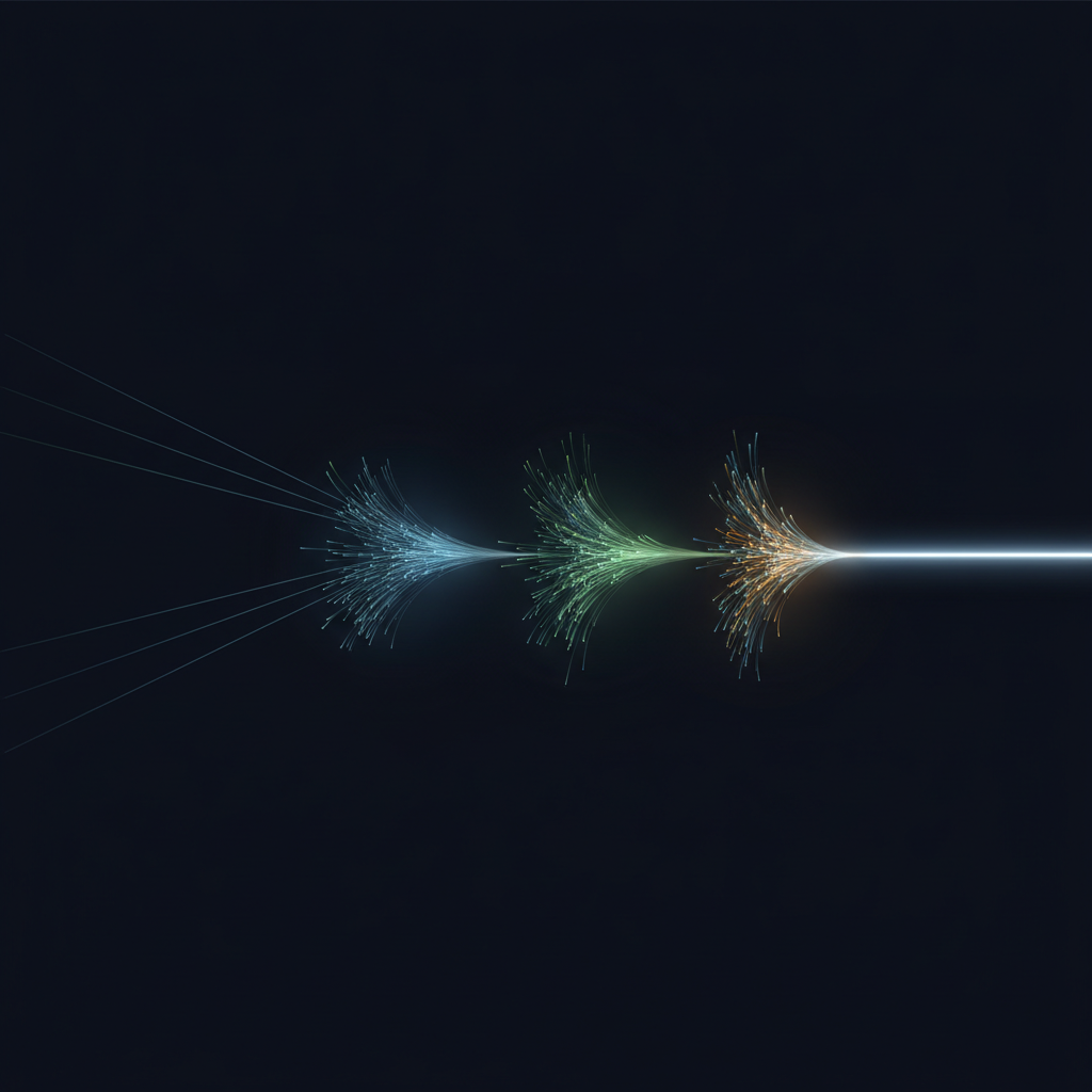 Abstract dark image of six converging signal lines that split apart in a few bright zones, with those zones highlighted and fed into a single clean output line