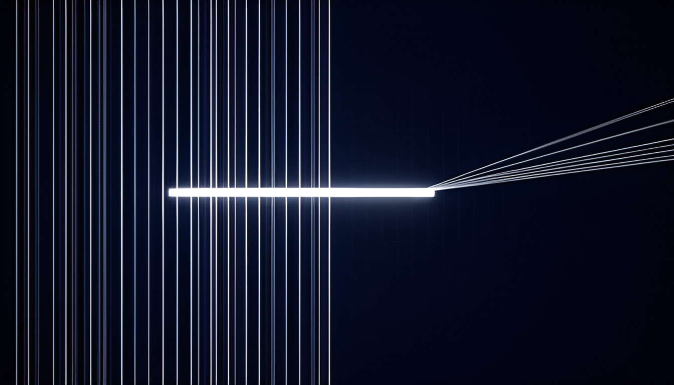 Abstract dark image of sixty thin vertical lines converging on a single bright answer slot, with a small cluster of lines diverging off to the side