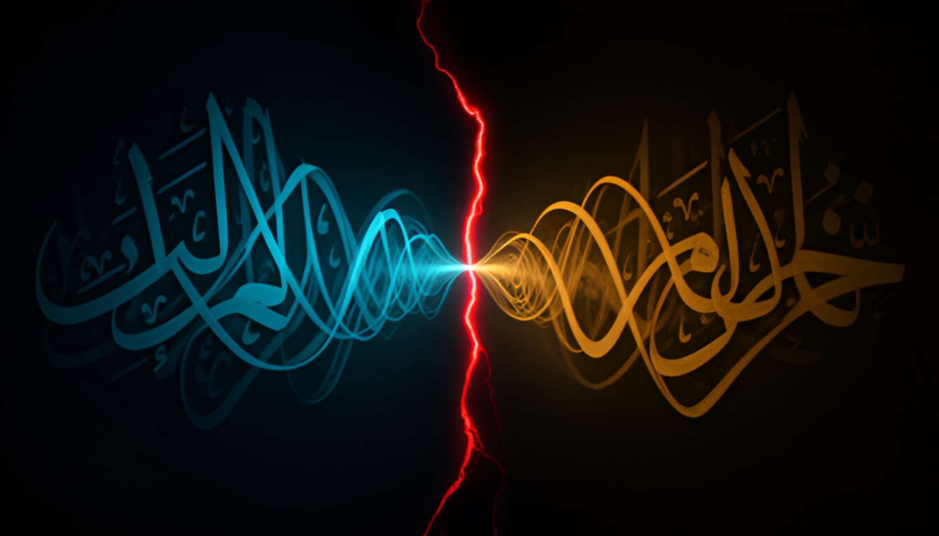 Abstract dark technical illustration of two overlapping Arabic-script-like calligraphic waveforms, one labeled in cool blue and one in warm amber, diverging from a shared origin point with a bright red fault line marking where they split