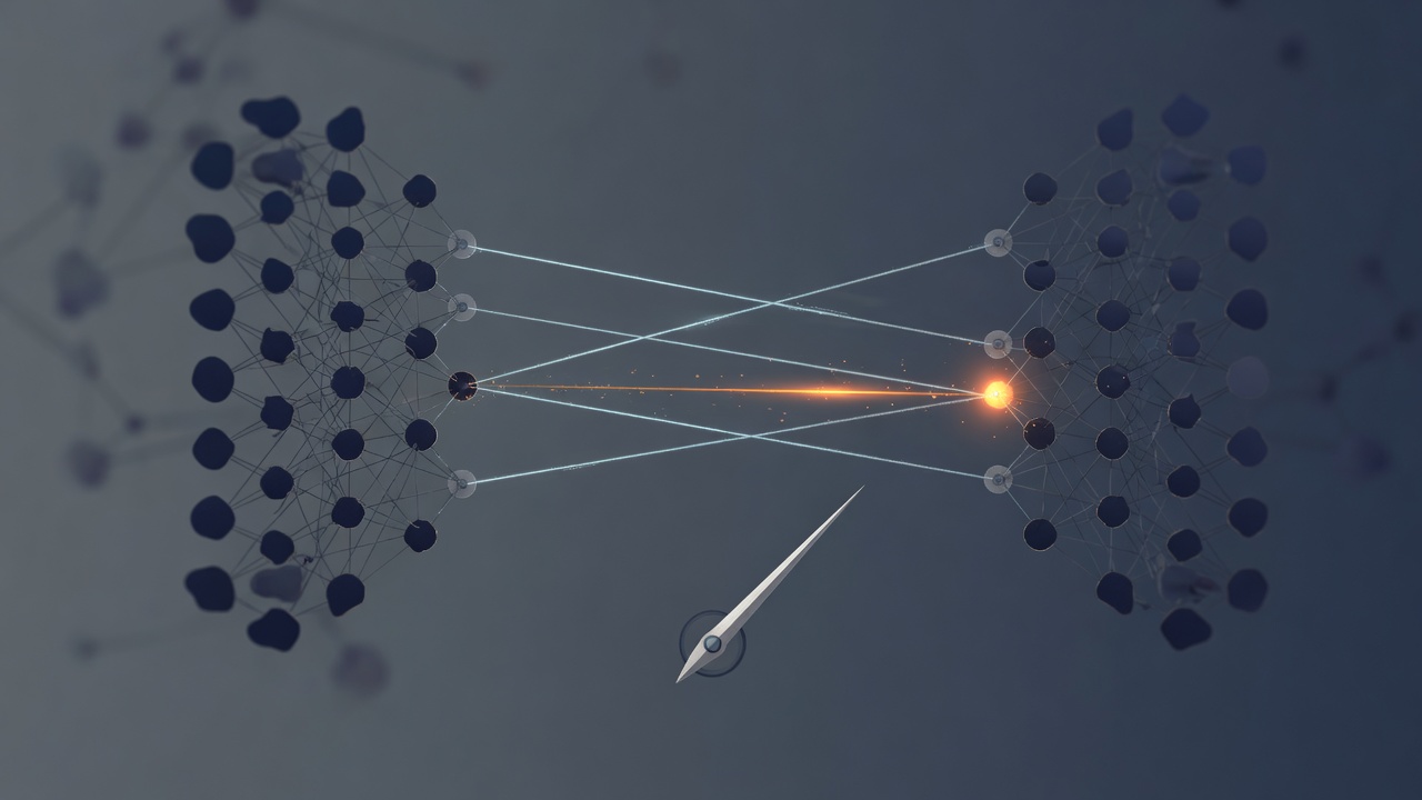 Abstract dark image of two parallel node graphs joined by thin bridges, one bridge highlighted in amber and a gauge needle resting below its midpoint
