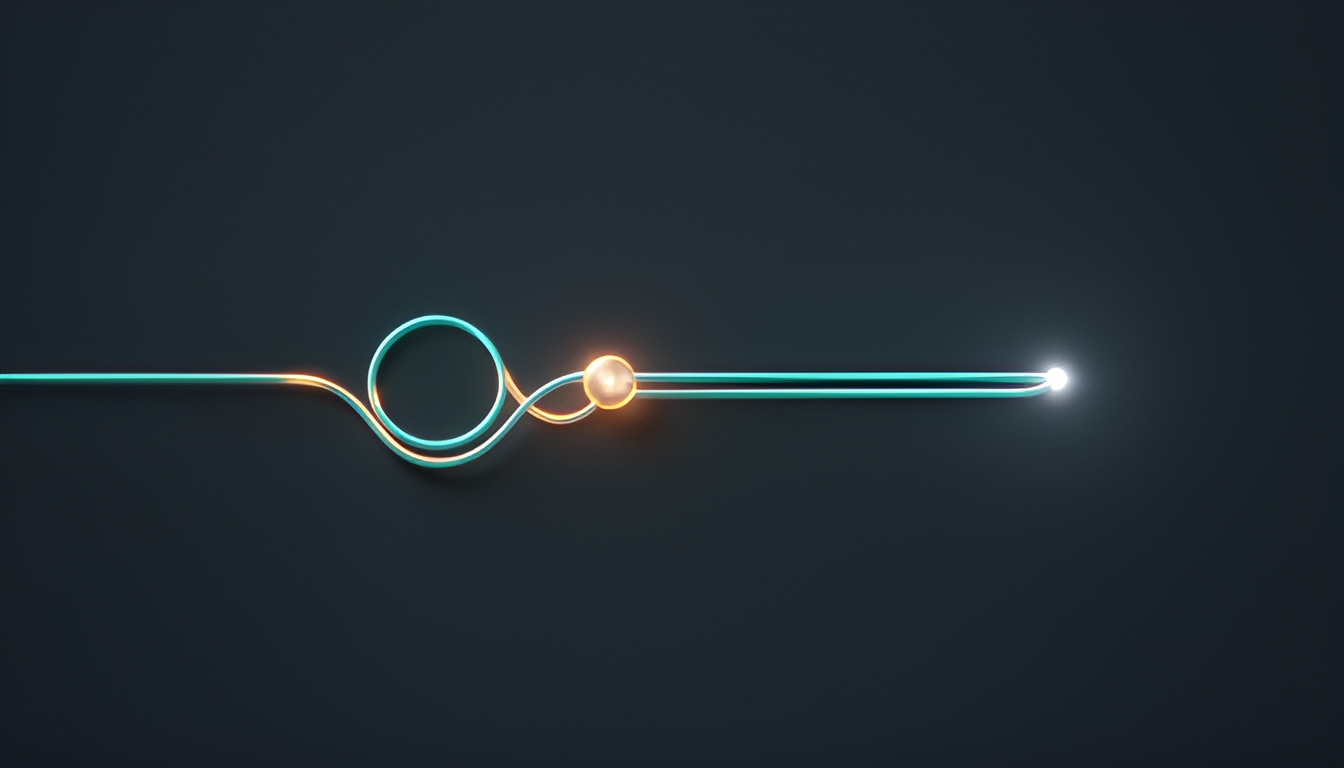 Abstract dark render of a single glowing token splitting into two diverging paths, one path cut short and looping back on itself, the other continuing forward to a clear resolution point, suggesting a verdict read too early versus a verdict allowed to complete