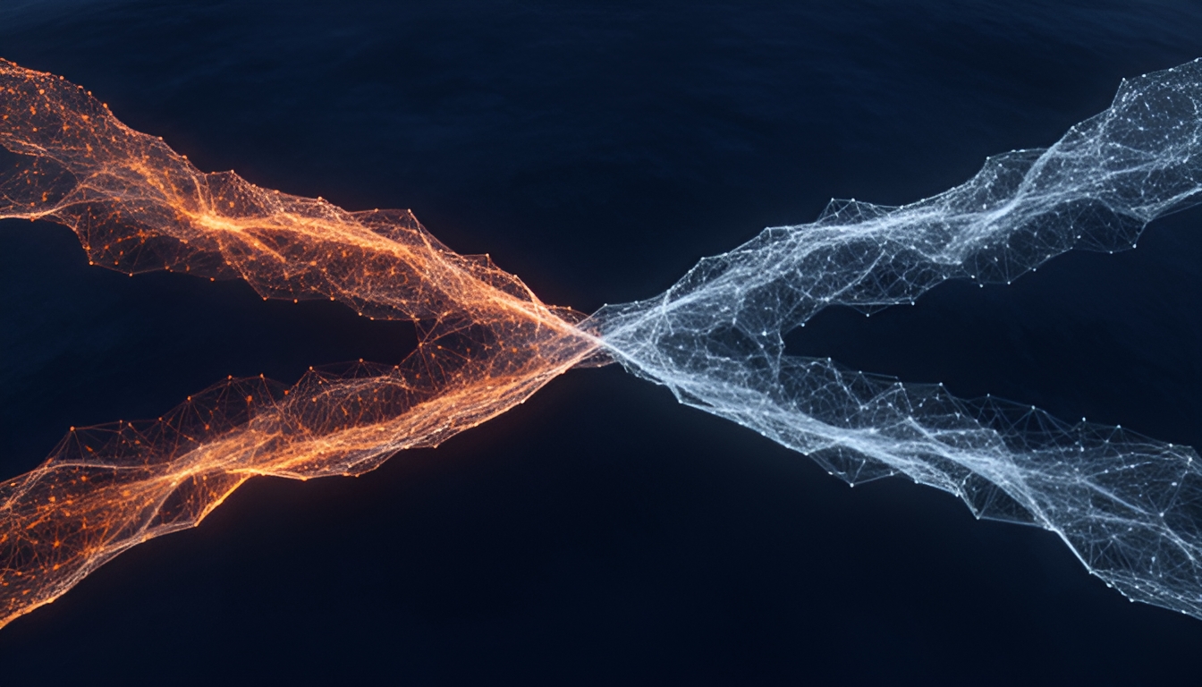 Abstract glowing network of translucent nodes splitting into two divergent paths against a dark navy background, representing two disagreeing measurements of the same judgment