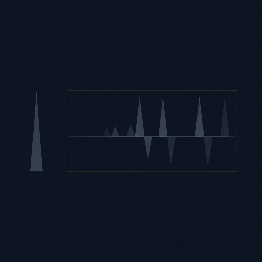 Abstract overlapping translucent histograms on a dark background, one narrow peak beside a wide spread, with an amber accent