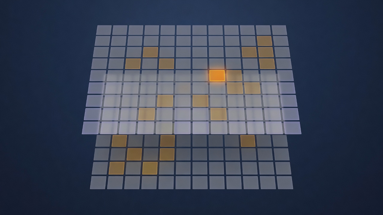 Abstract dark image of two stacked grids of small tiles, most tiles aligned between the layers and a scattered minority shifted out of place