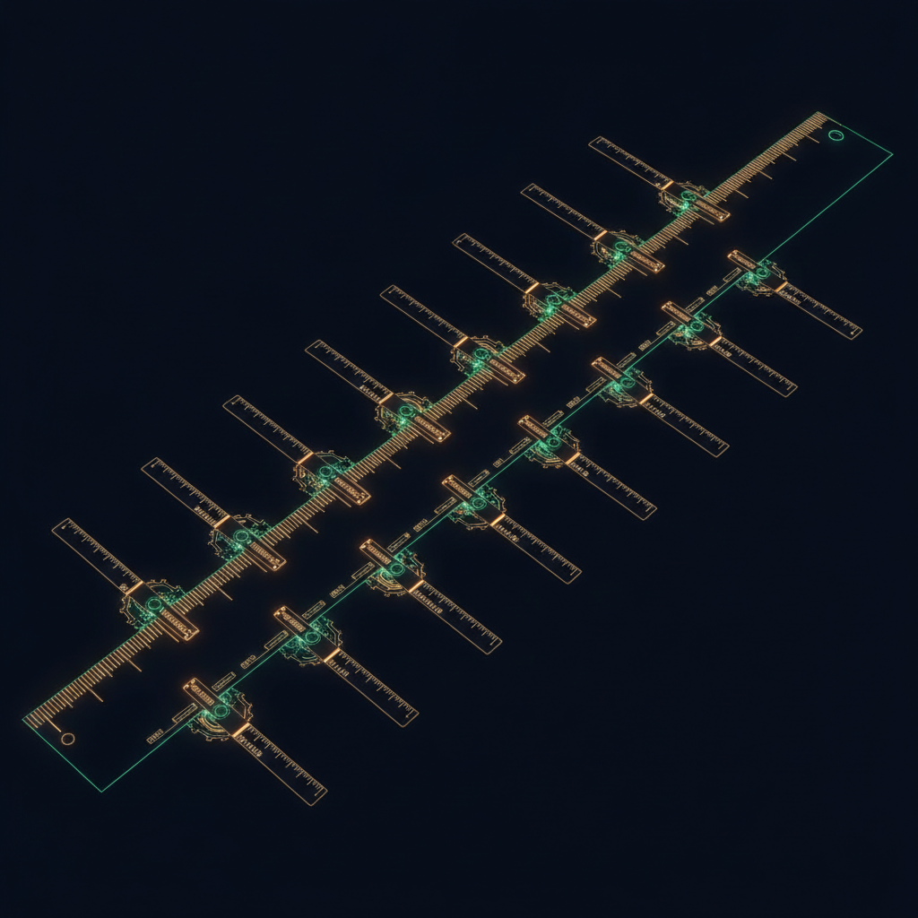 Abstract dark image of many short, differently scaled measuring rods snapping onto one long shared ruler, a few marked rungs on each rod aligned to the same marks on the ruler