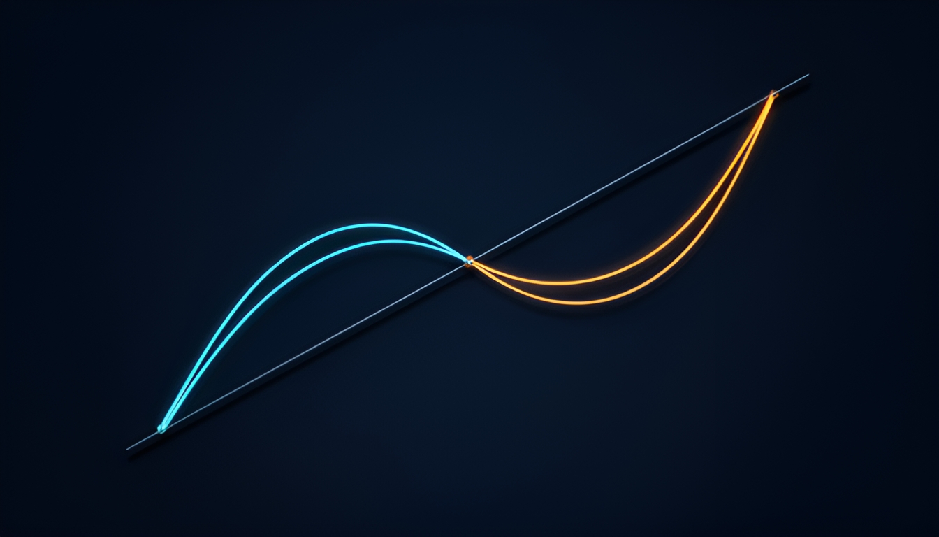 Abstract dark technical illustration of two reliability-diagram curves, one bowing below a diagonal reference line in cool blue and one bowing above it in warm amber, meeting only at the diagonal's two ends, representing opposite directions of miscalibration