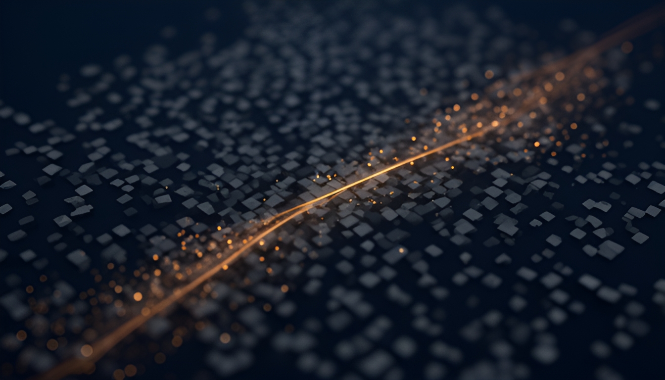 Abstract dark image of a field of small grey markers with a thin amber band sweeping across all of them, a few markers glowing brighter than the rest