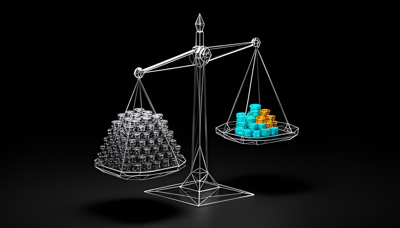 Abstract dark render of two measuring scales, one balanced against a synthetic token pattern and one tilted against a smaller distinct token cluster, suggesting a small addition that shifts an otherwise stable balance