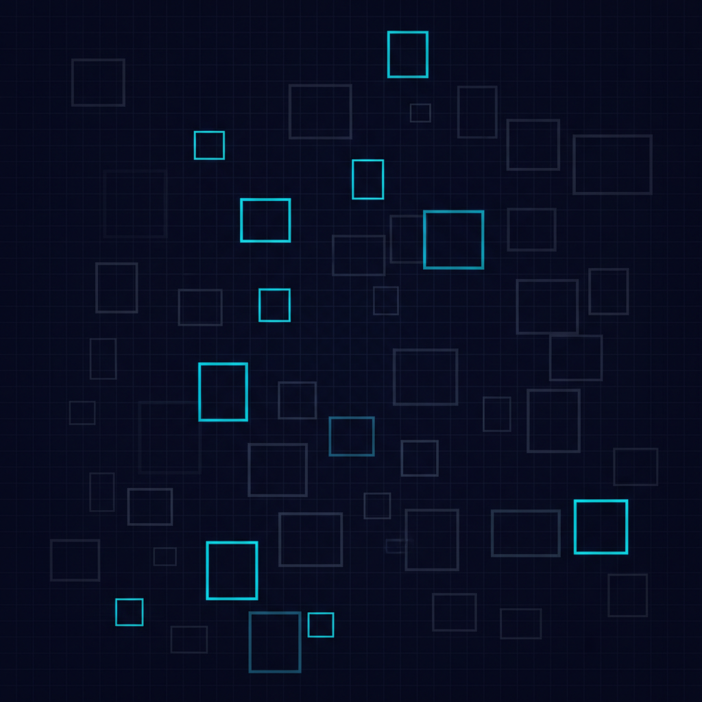 Abstract diagram of overlapping bounding boxes of varying opacity over a dark grid, suggesting uncertain object annotations