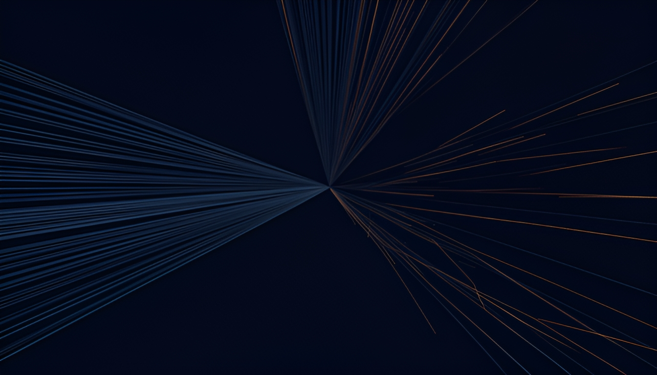 Abstract dark illustration of two bundles of parallel measurement lines of slightly different lengths converging toward a shared point, one bundle tight and one loosely scattered, on a navy background