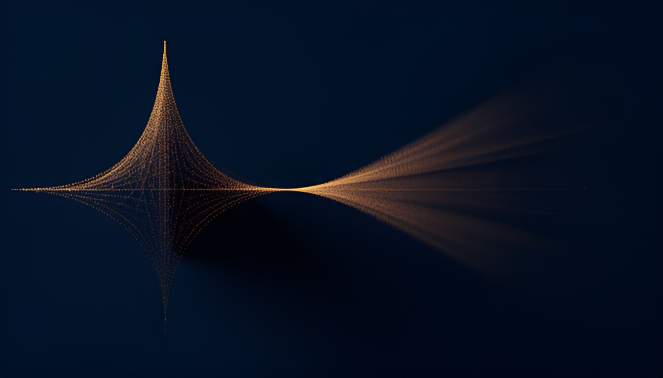 Abstract illustration of a voting distribution splitting into two divergent geometric paths, one converging sharply and one remaining spread out, in a dark technical style