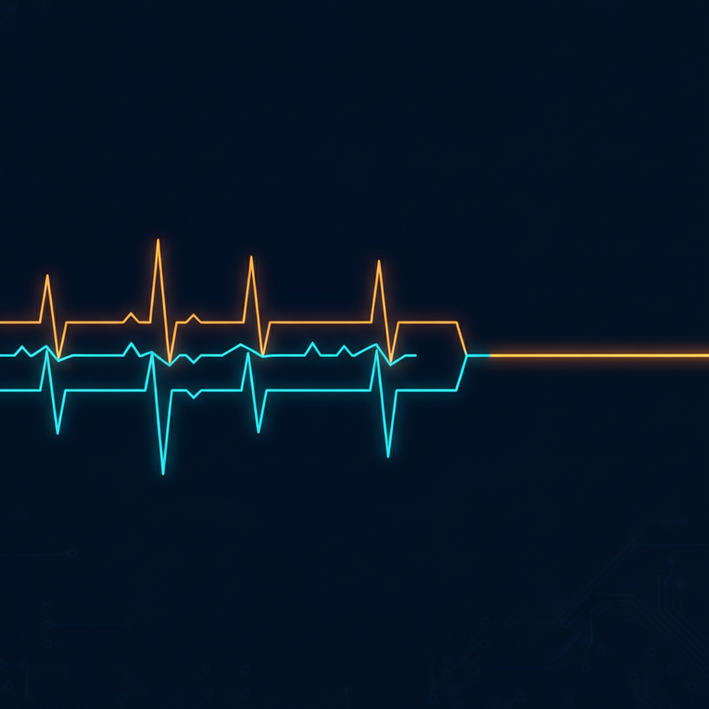 Abstract technical illustration of four parallel waveform traces converging into a single line, one amber, three cyan, on a dark ground