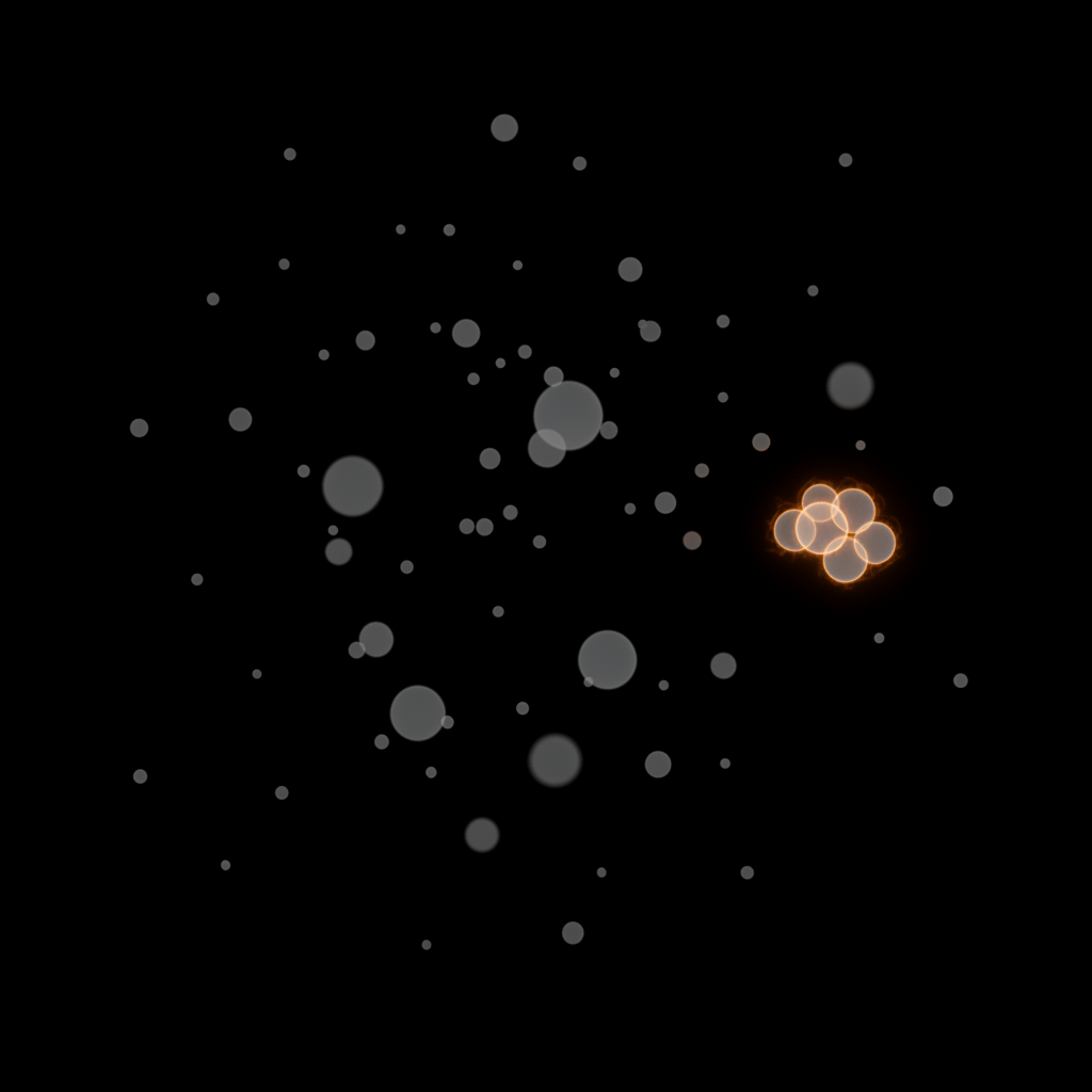Dark field of scattered pale circular cells with a small cluster of amber-outlined cells near one edge, most of them unmarked