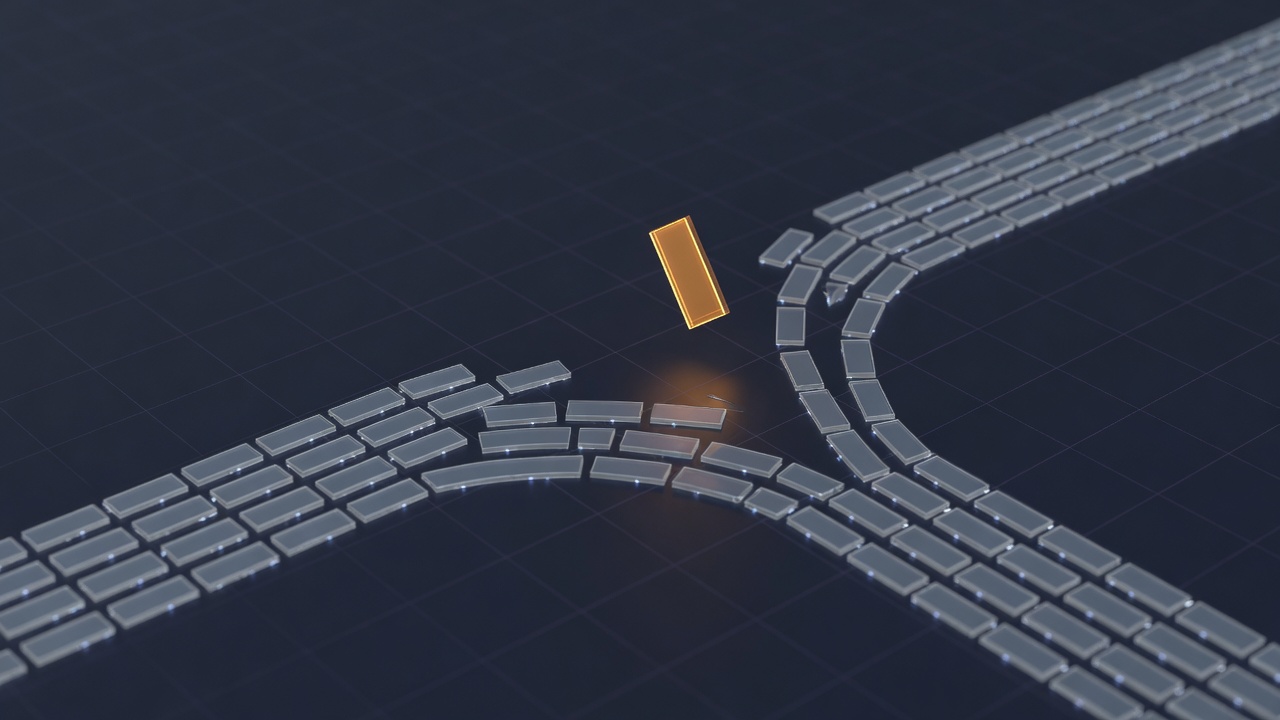 Abstract dark image of two converging streams of small glowing tiles, one stream splitting at a fork where a single tile is lifted above the rest