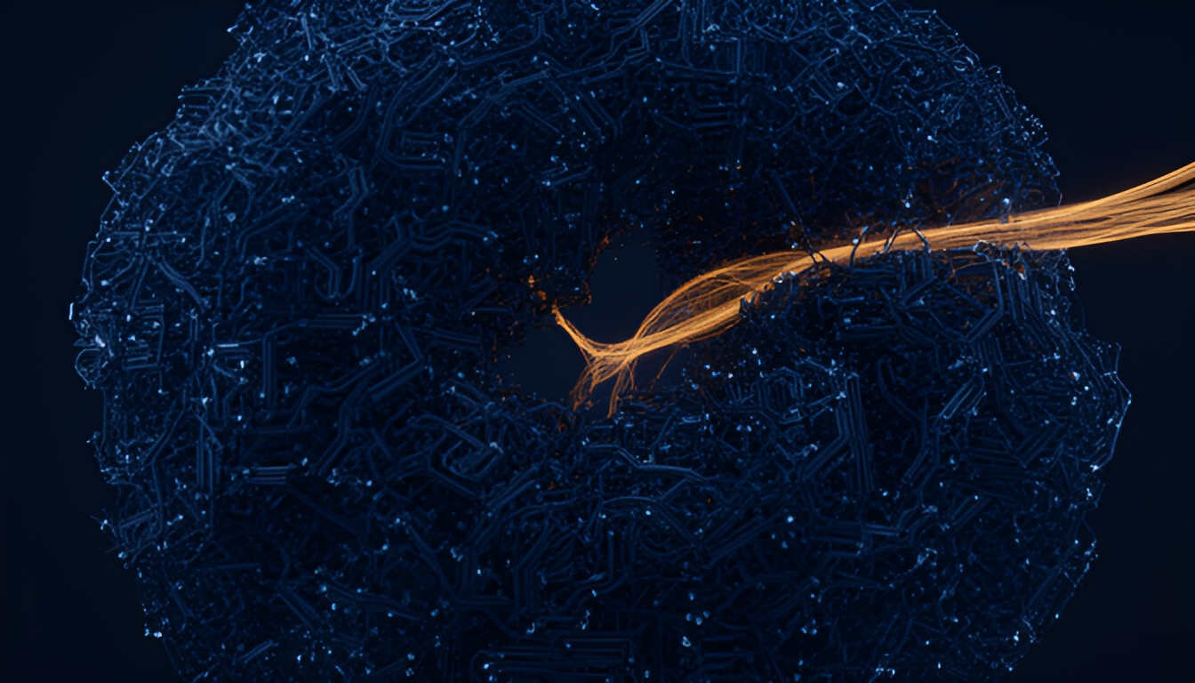 Abstract illustration of a neural network with one internal direction highlighted in amber being subtracted out of a dense circuit-like structure, dark background
