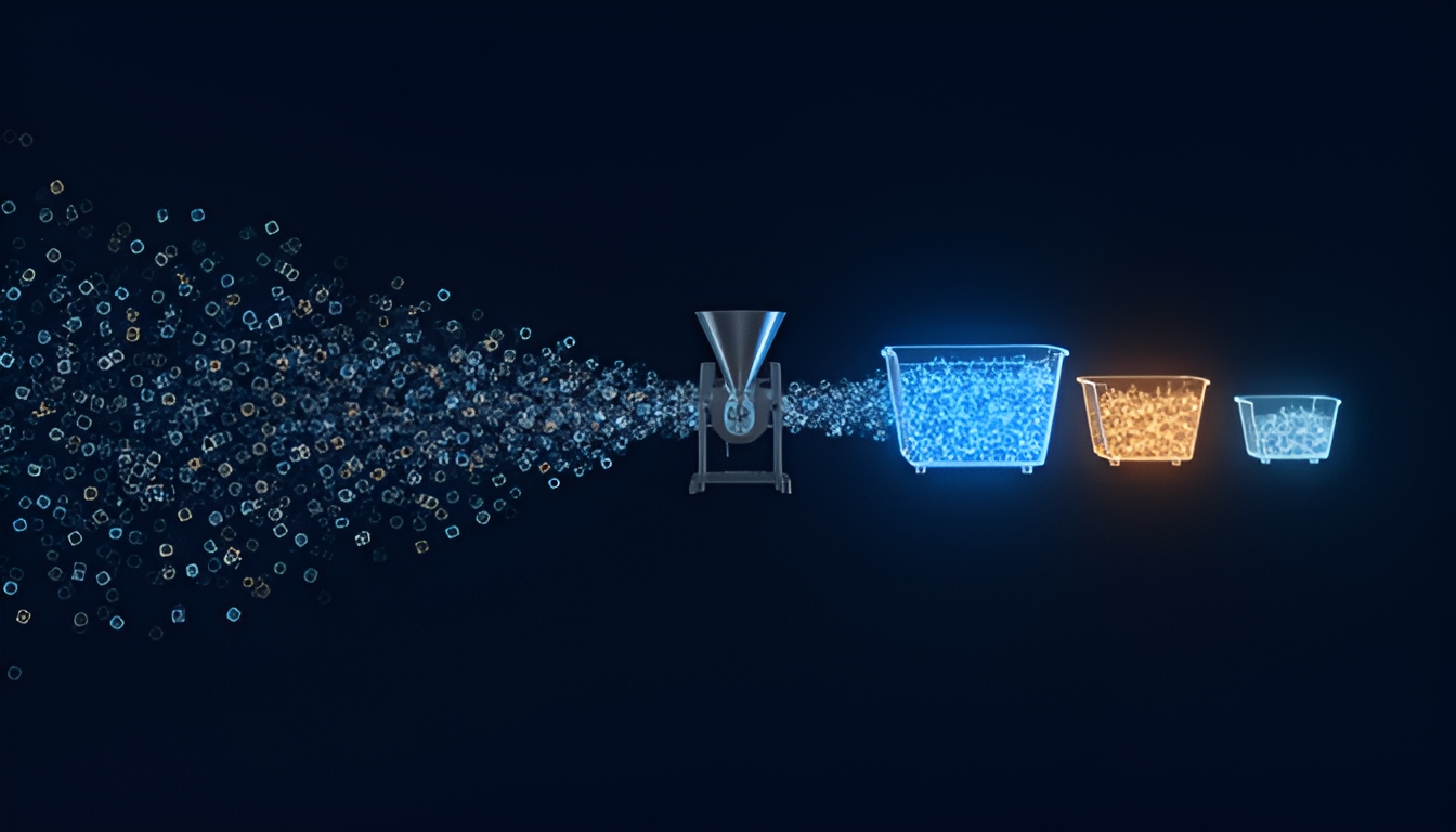 Abstract dark image of a dense field of small paired tokens flowing through a narrow weighing gate that sorts them into three unevenly sized bins
