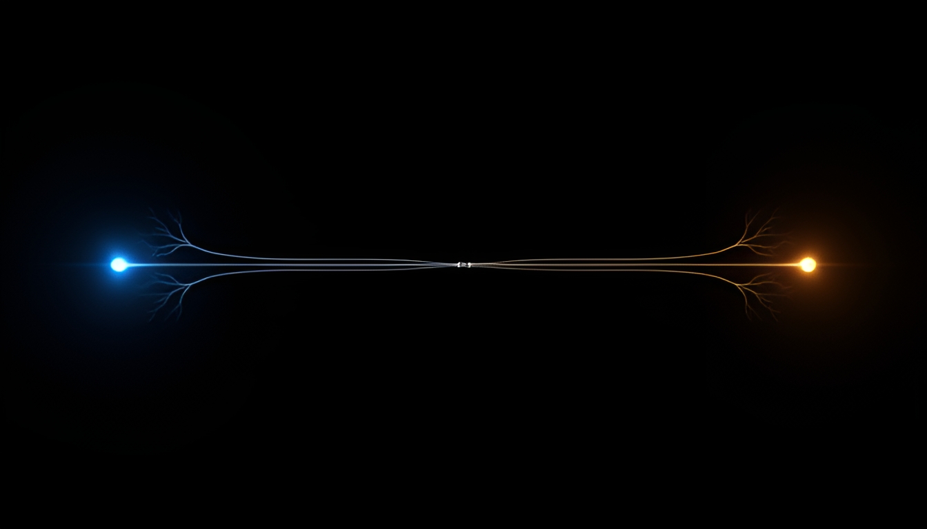 Abstract dark render of two nearly identical branching paths that diverge at their endpoints into different colored nodes, suggesting the same input producing two different outcomes