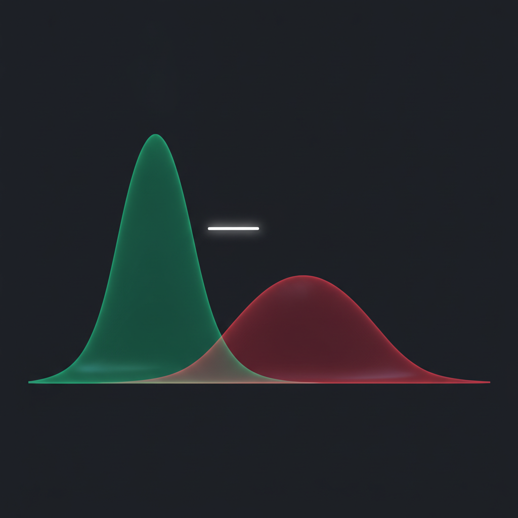 Abstract dark field with two overlapping probability surfaces, one green and narrow, one red and displaced, with the offset between their peaks marked by a bright horizontal segment