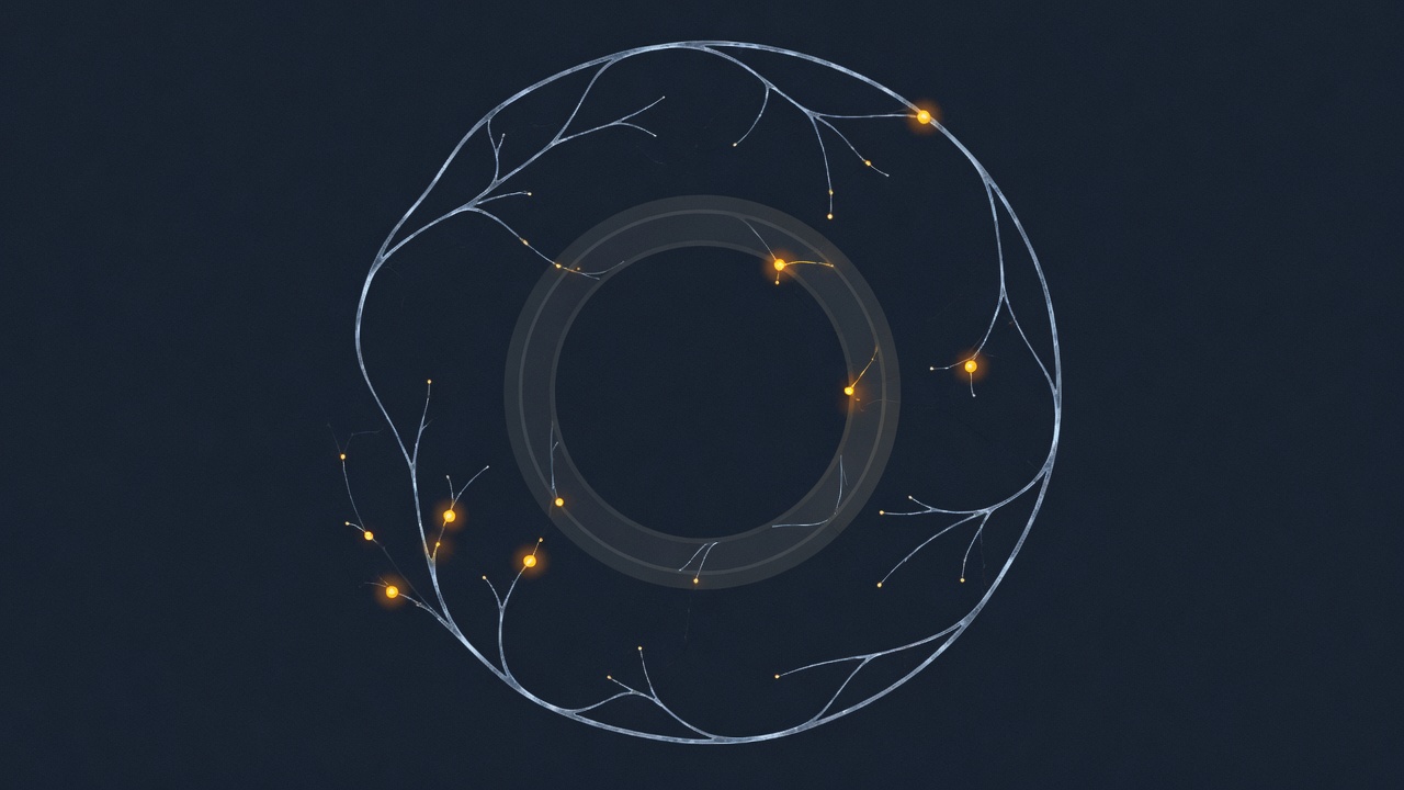 Abstract dark image of branching vessel-like lines with a few bright nodes, some nodes passing through a second ring before settling