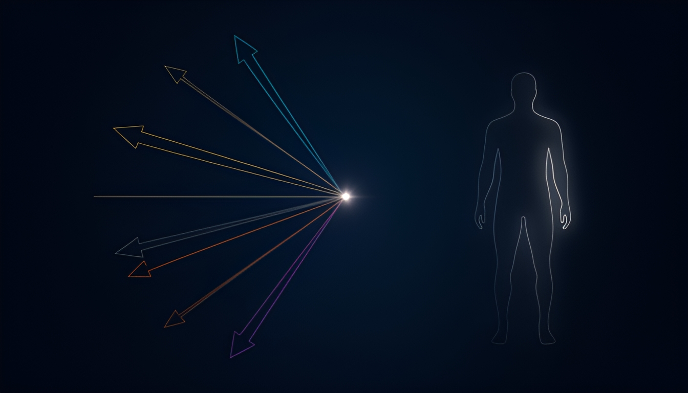 Abstract dark technical illustration of five converging arrows of different colors tightening into a single point, representing growing consensus among panel members, while a separate faint human-shaped outline remains at a fixed distance from that point, unmoved
