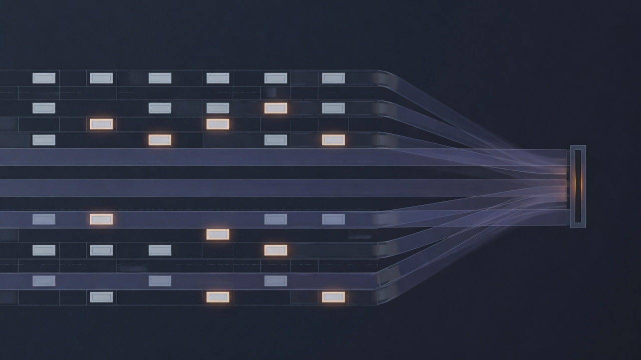Abstract dark image of a grid of query blocks, a minority lit amber, passing through four parallel filter lanes that converge on a single gate