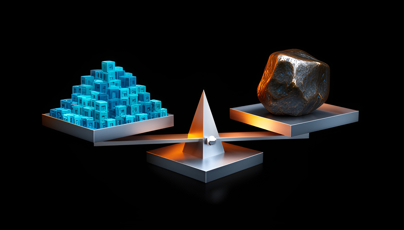 Abstract dark render of a scale balancing a stack of small geometric work-unit tokens against a single larger weight, suggesting a monetary settlement balanced against many individual units of piecework