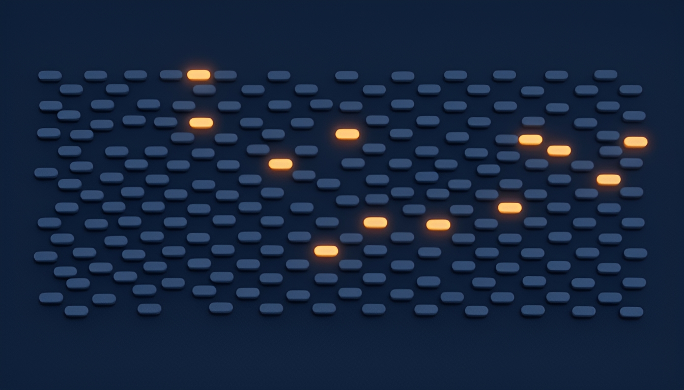 Abstract illustration of a grid of small data labels in dark navy, most uniform and a few highlighted in amber to represent flagged annotation errors in a benchmark dataset.