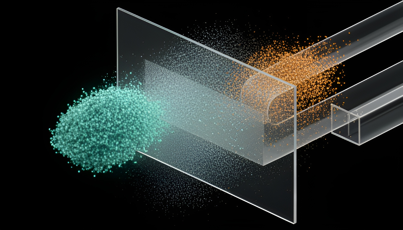 Abstract dark render of a dense field of small glowing verdict tokens being sorted by a translucent geometric filter into a confident green-tinted cluster and a flagged amber-tinted cluster routed toward a separate channel
