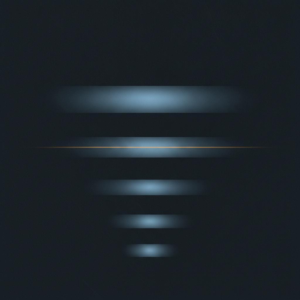 A horizontal slate bar with a wide luminous plateau across its middle third and sharp falloff at both ends, with three narrower copies stacked below it at decreasing widths