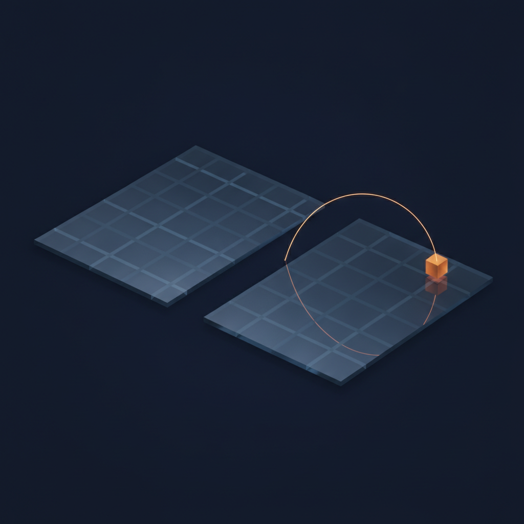 Abstract dark image of two misaligned coordinate grids with a small marker floating off one grid and a faint correction arc pulling it back into place