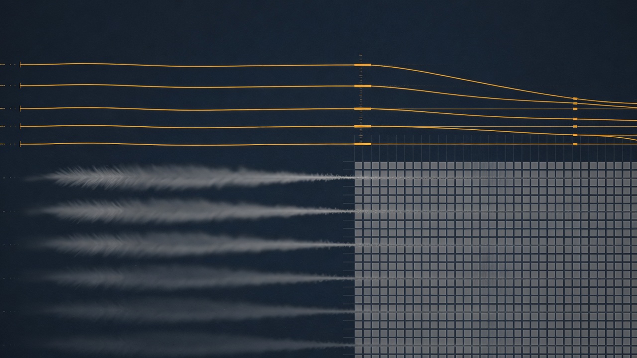 Abstract dark image of eight parallel measurement traces, three sharp and five blurred, converging into one grid