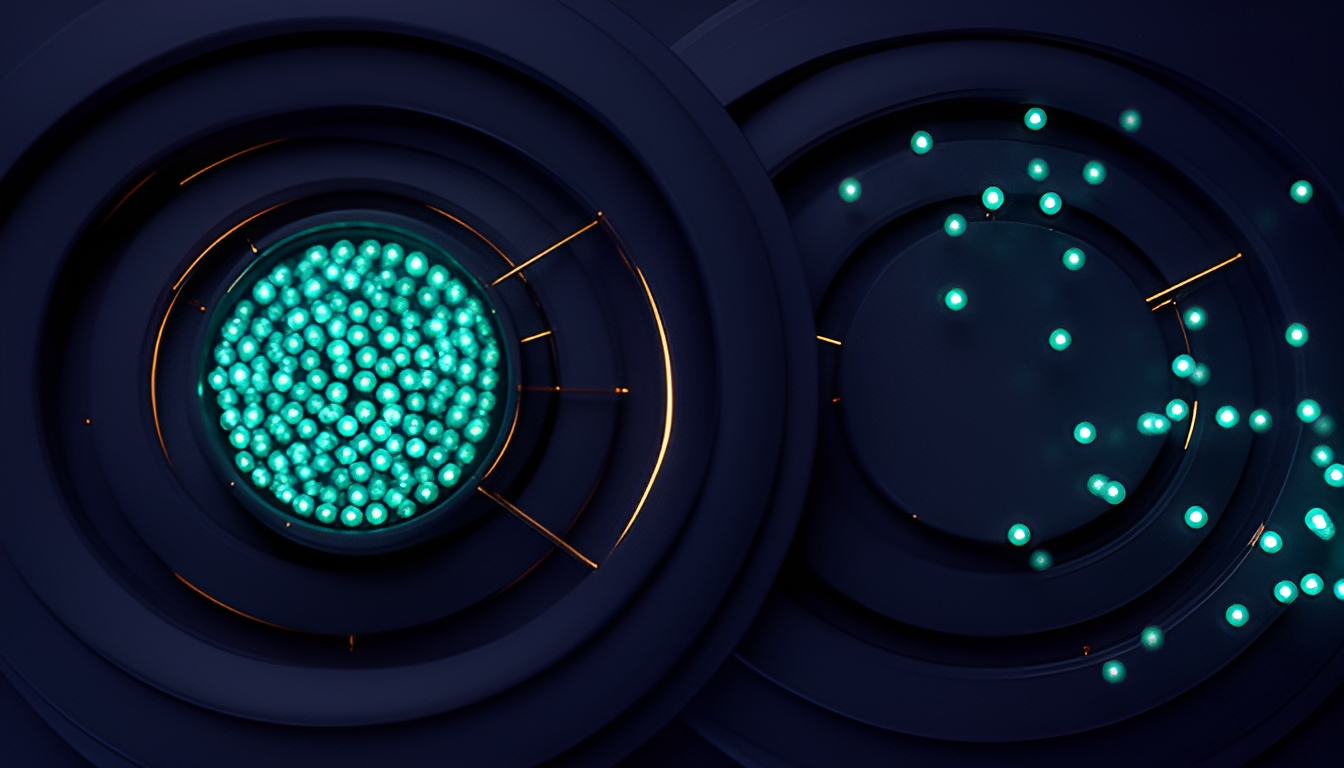 Abstract dark render of concentric clock-like rings, some tightly synchronized with small glowing nodes clustered close together and others drifted apart with nodes scattered loosely, suggesting annotators falling out of time alignment