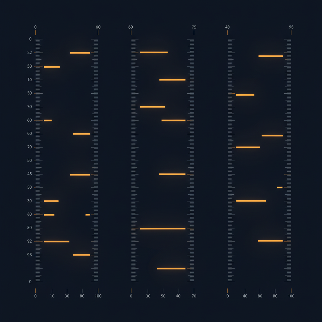 Abstract dark image of three offset measuring scales whose readings of eight identical markers scatter in different orders, with the markers themselves nearly level