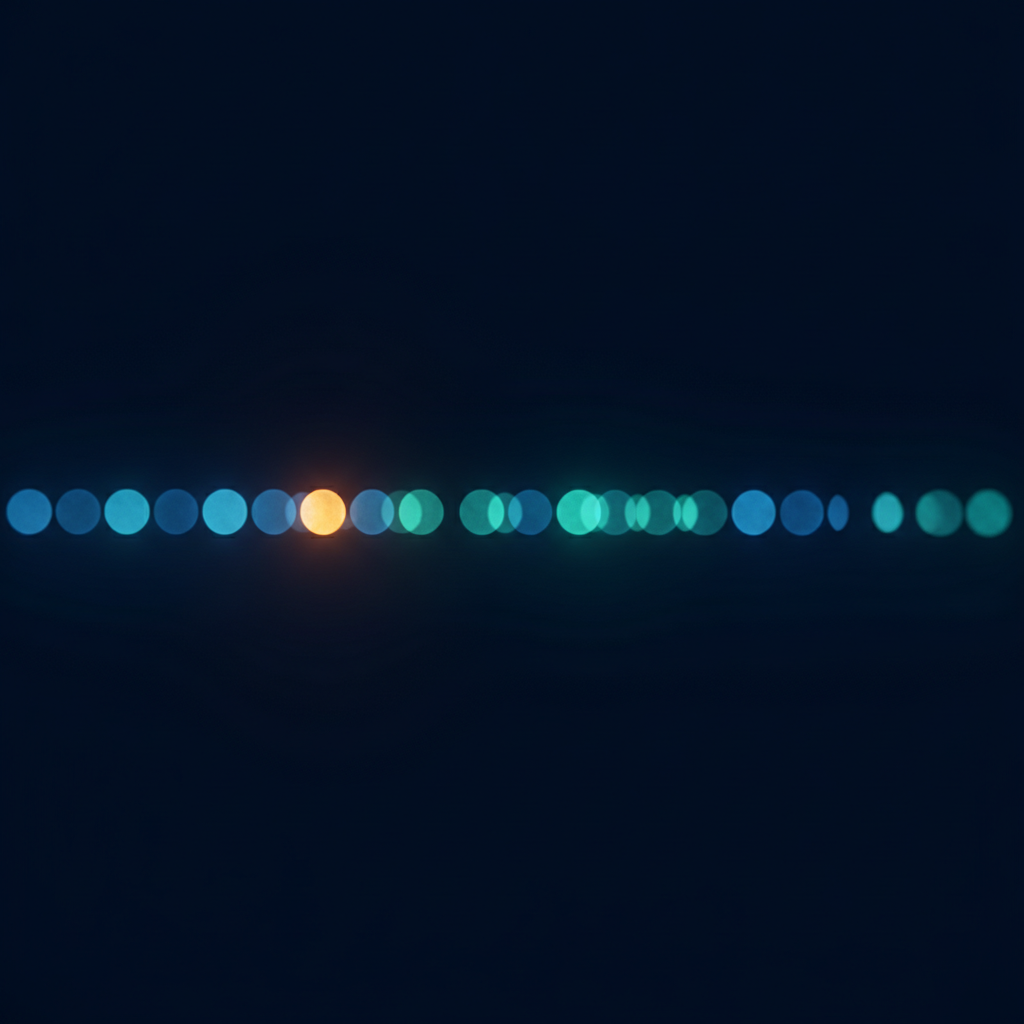 Abstract dark image of a long row of small glowing cells, one cell early in the row replaced by a brighter one, with the cells after it rebuilt in a slightly shifted color