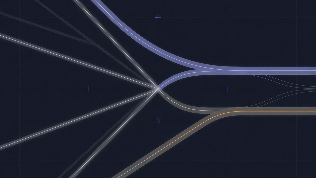 Abstract dark image of six thin light streams converging on a fork, where two streams of equal width split evenly toward different channels