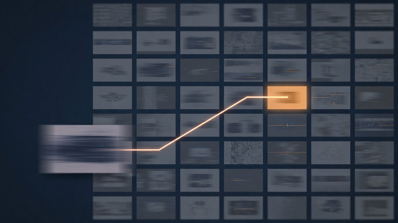 Abstract dark grid of image tiles with one tile lit in amber and the others dimmed, a thin line tracing from a text block to the lit tile