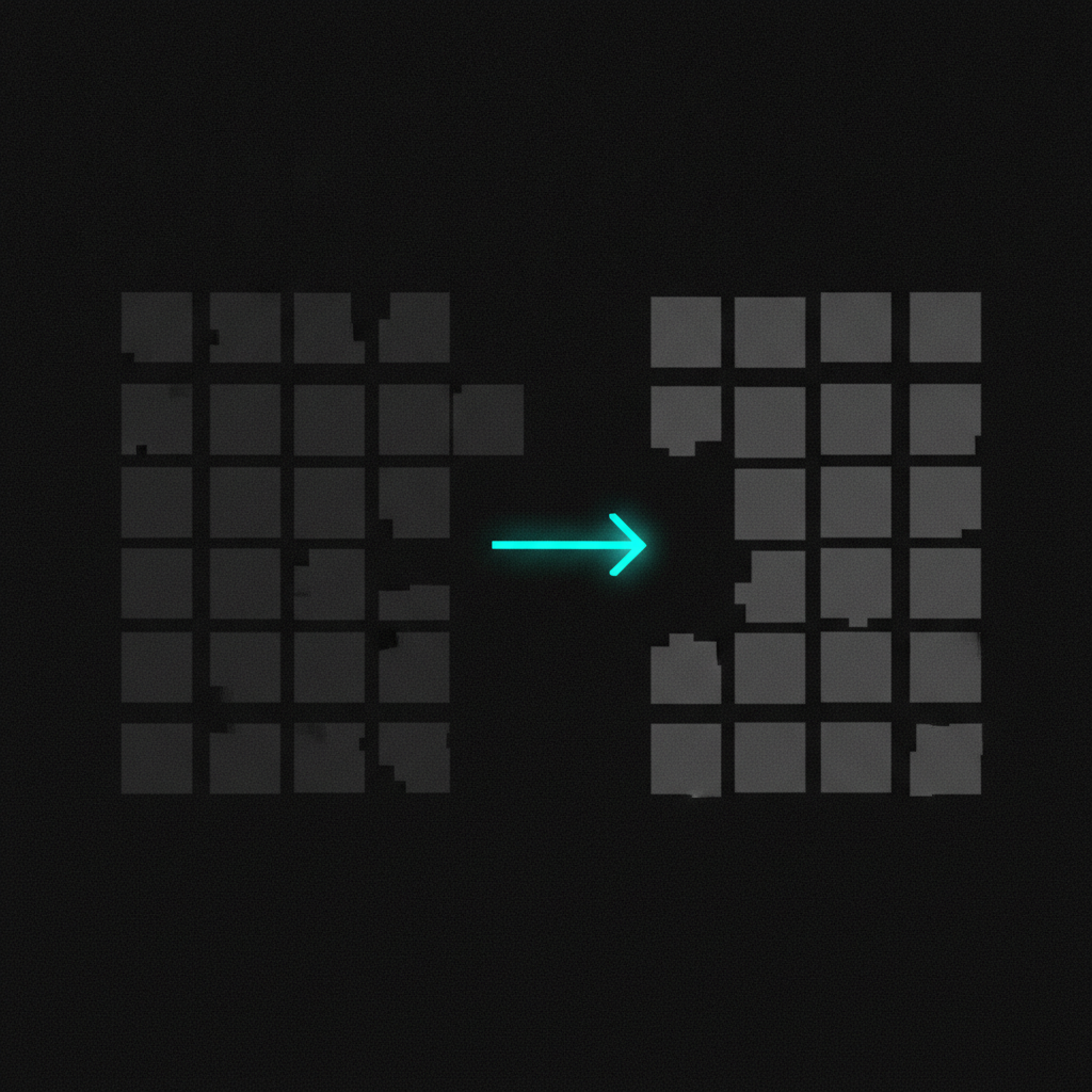 Abstract dark image of two low-resolution pixel grids side by side with a single arrow choosing between them