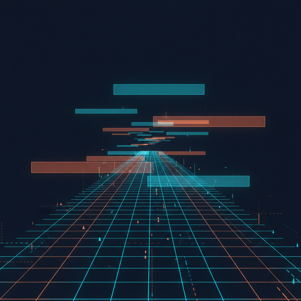Abstract technical illustration of a receding pedestrian path drawn as a wireframe grid with translucent measurement bands floating over it, cyan and orange on a dark ground