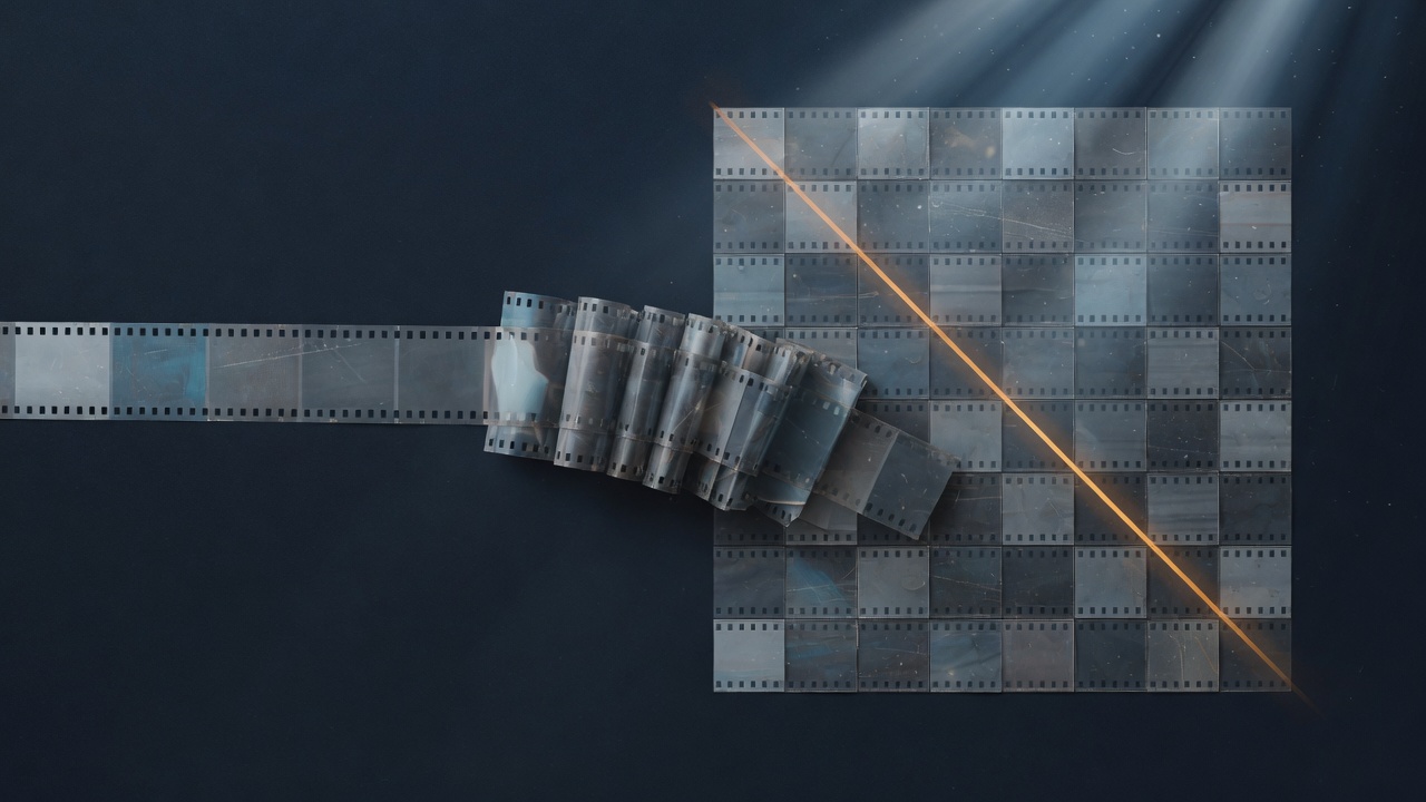 Abstract dark image of a long strip of film frames folding into a single compact tiled square, with a thin accent line passing through it