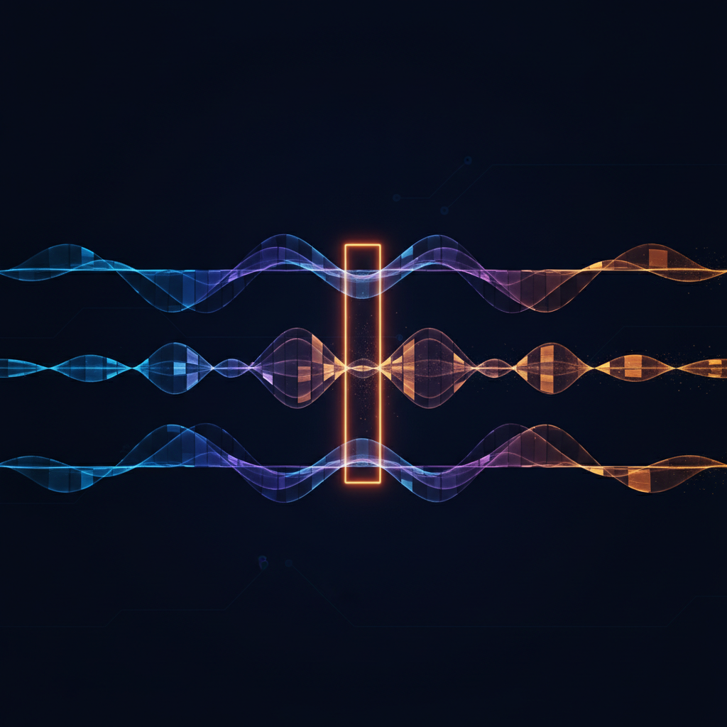 Abstract dark image of three offset waveform bands passing through a single filter gate, each band emerging at a different height